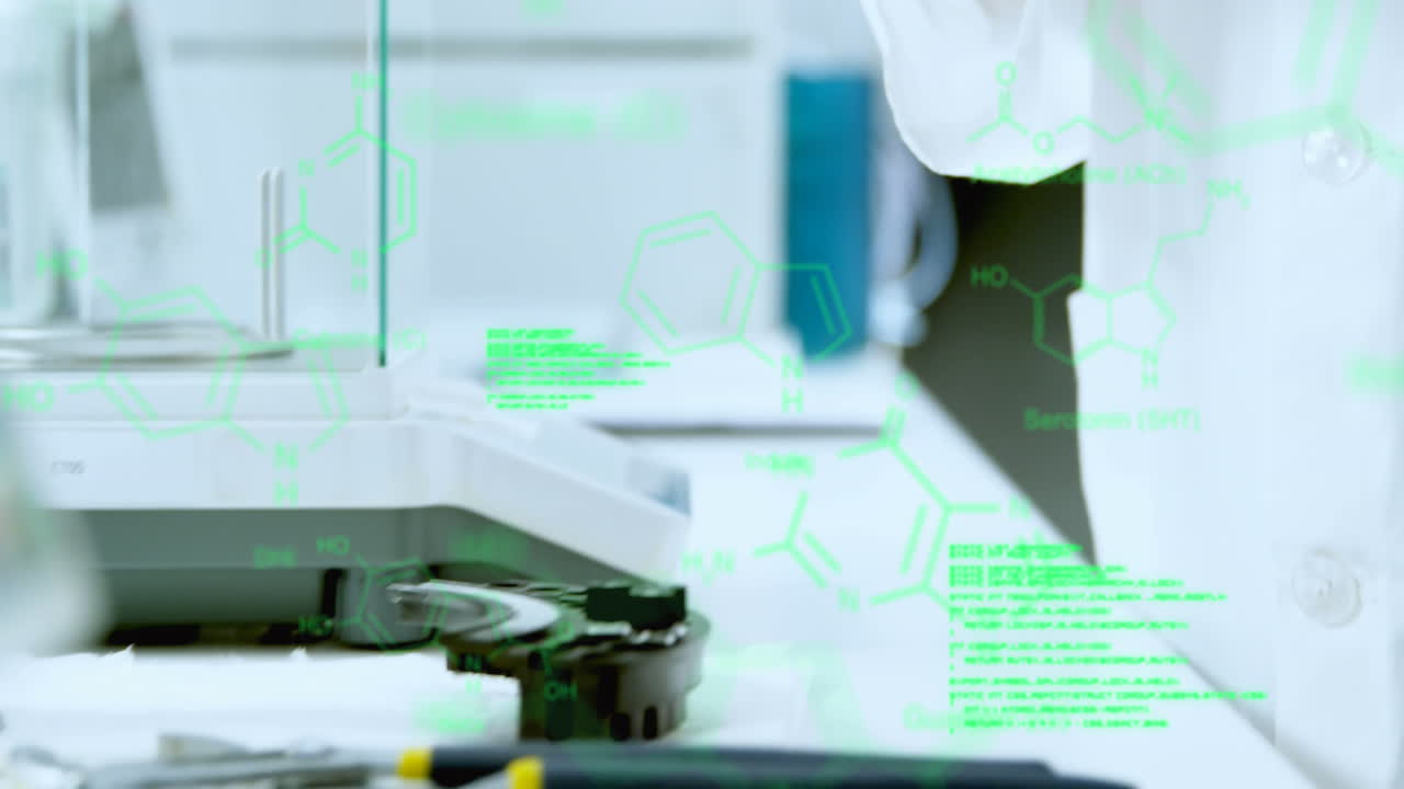 Animation of data processing against mid section of male scientist injecting syringe in vial bottle