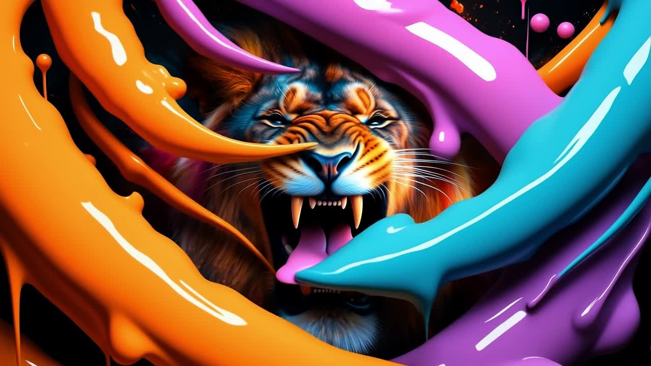 Vibrant lion in paint swirls. A fierce lion's face bursts through vivid streams of paint, showcasing a blend of orange, blue, and purple hues.