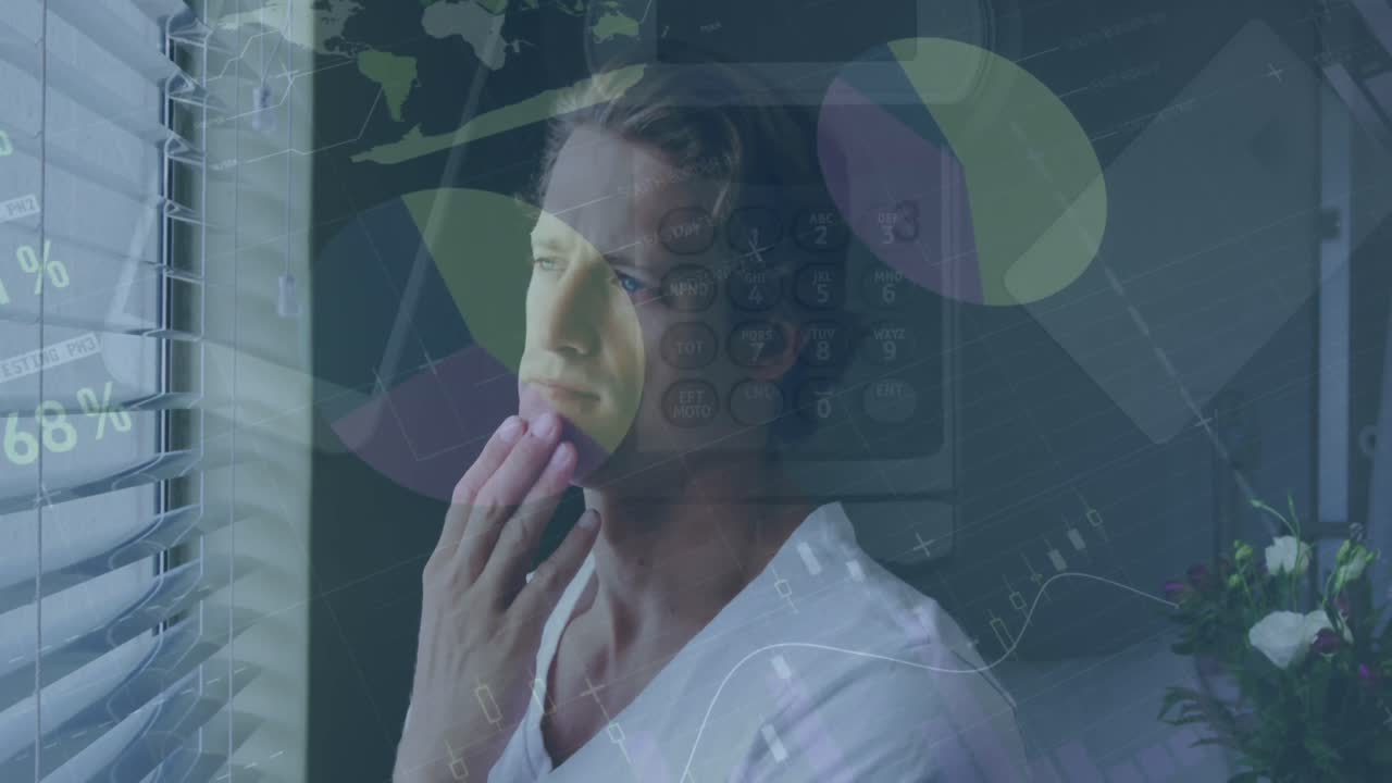 Animazione di interfaccia infografica e tecnologia, uomo caucasico pensieroso che guarda attraverso la finestra