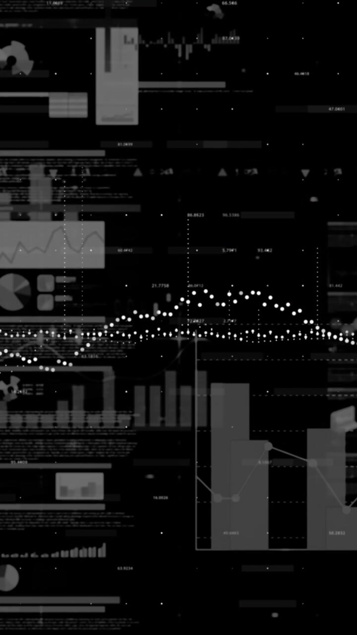 Financial data and statistical data processing against black background
