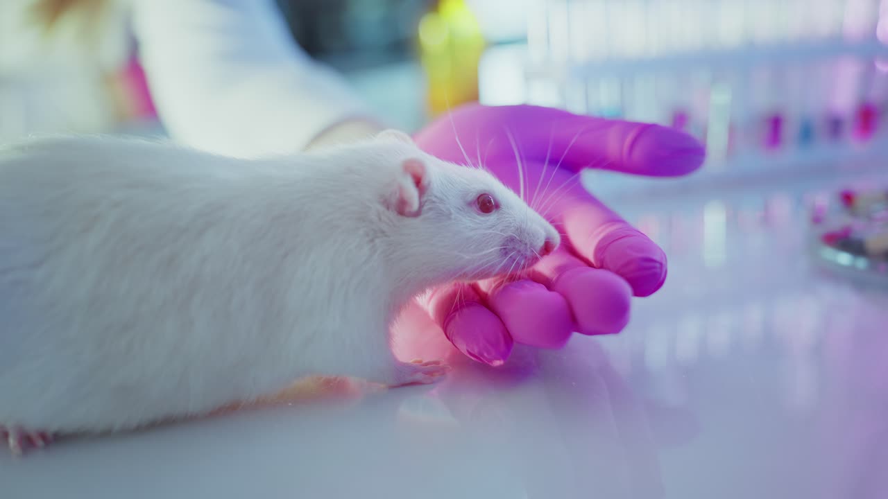 White Laboratory Rat Interacting with a Scientist's Gloved Hand