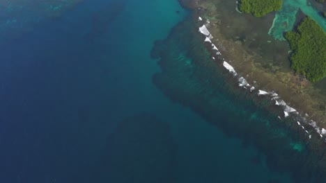 Inclinación-Aérea-Desde-El-Océano-Azul-Hasta-La-Jungla-Tropical-Palmera-Isla-De-Panamá-Jungla-Resort-Costa-Vista-De-Pájaro