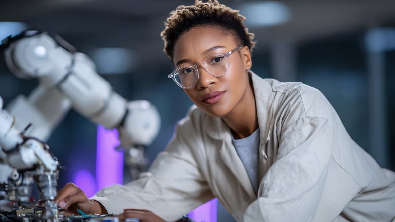 Female Scientist Working on Robotics in a High-Tech Laboratory