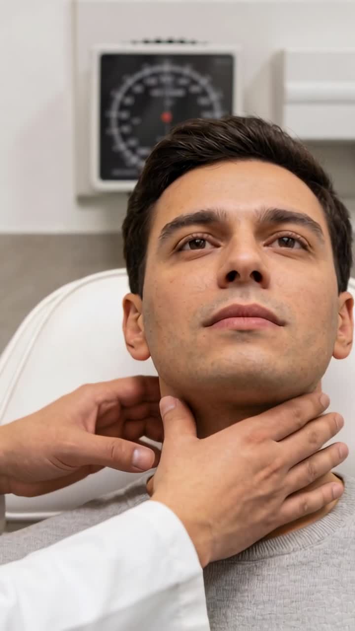 Vertical video: Doctor's hands entering palpating man neck in chair, checking thyroid in white coat