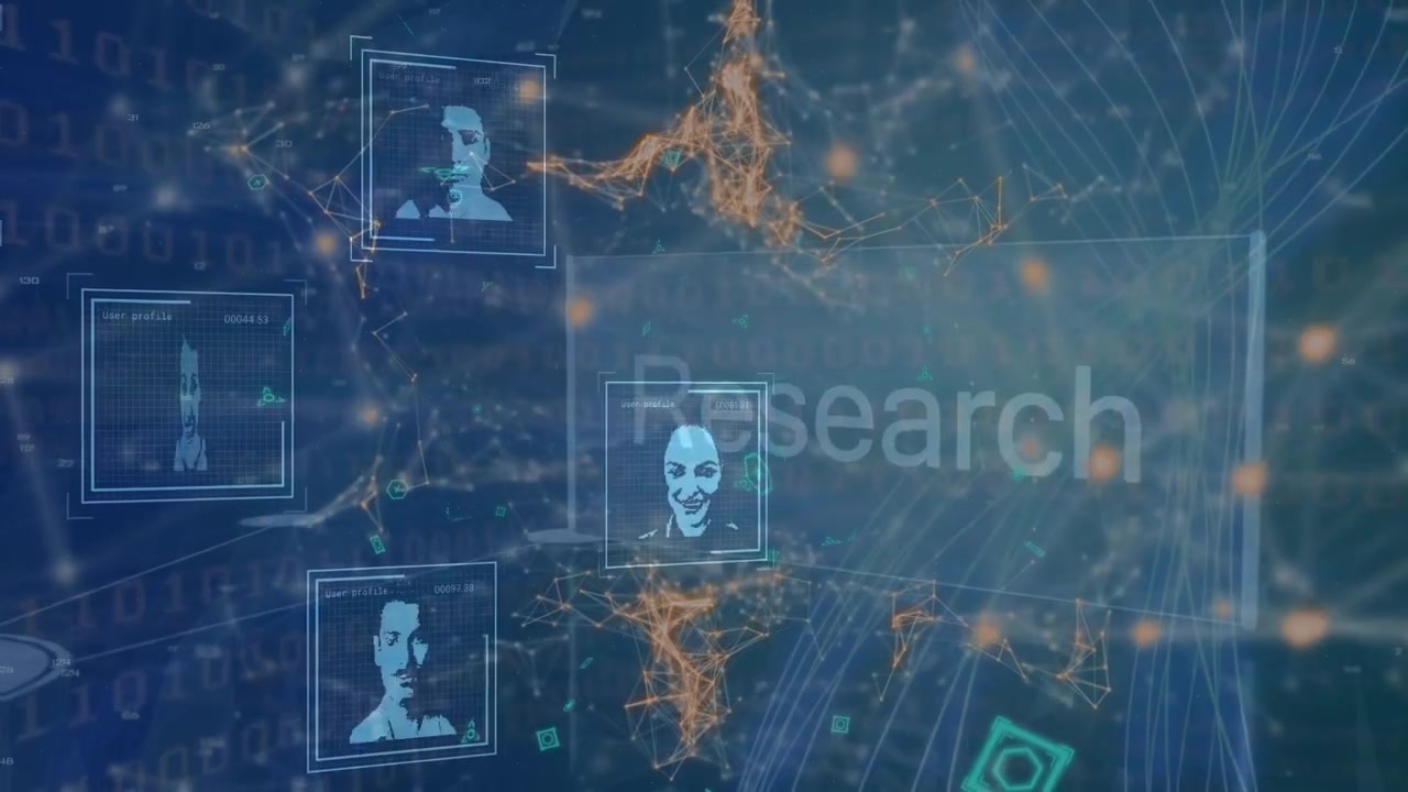 Animation of data processing with diverse people icons over network of connections