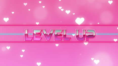 Animation-of-level-up-text-over-heart-icons-on-pink-background