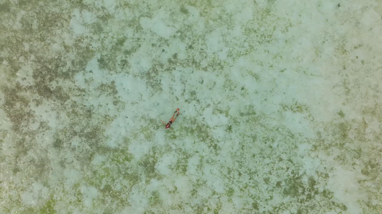 Drone shot of woman floating in turquoise sea, Komodo, Indonesia