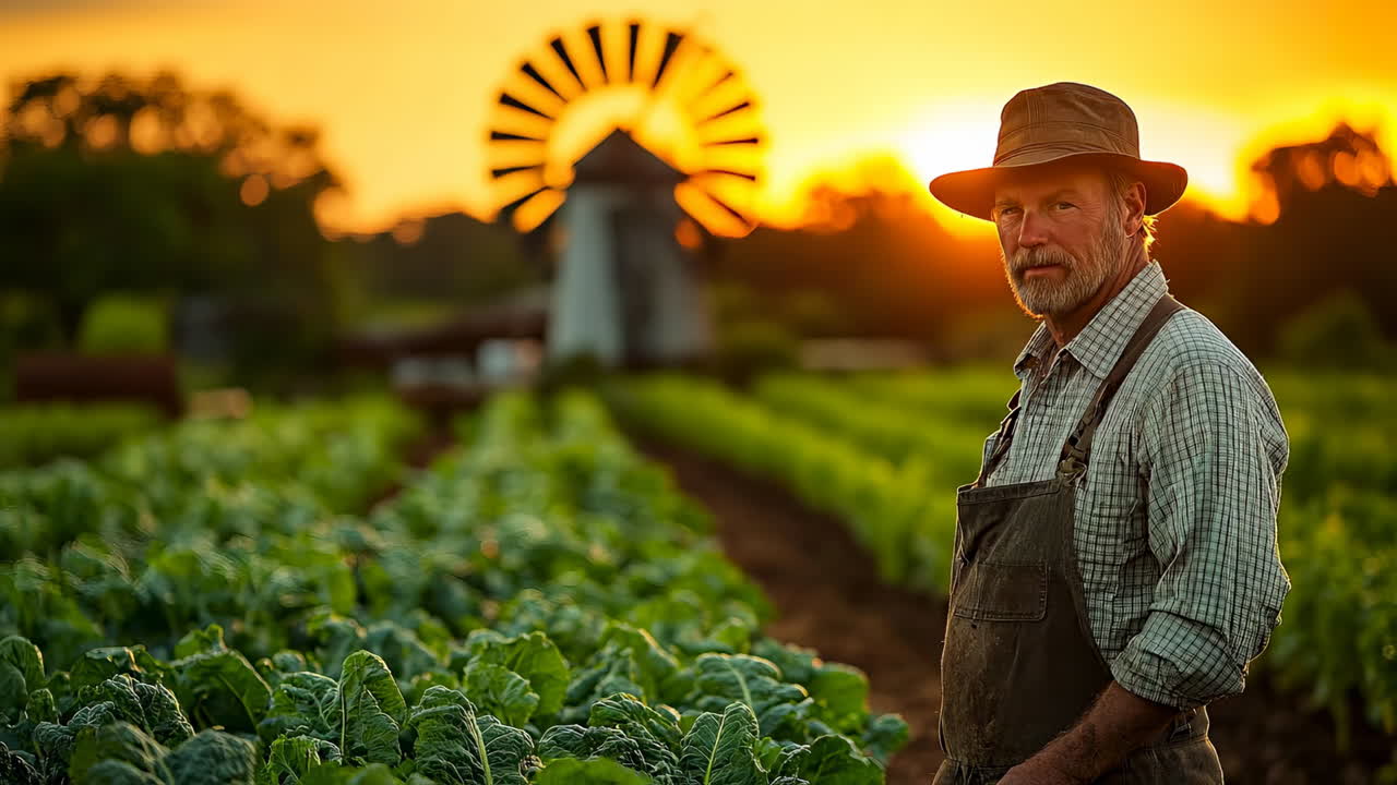 Farmer at sunset in green fields. A senior farmer stands in a vegetable field during a colorful sunset, with a windmill blurred in the background