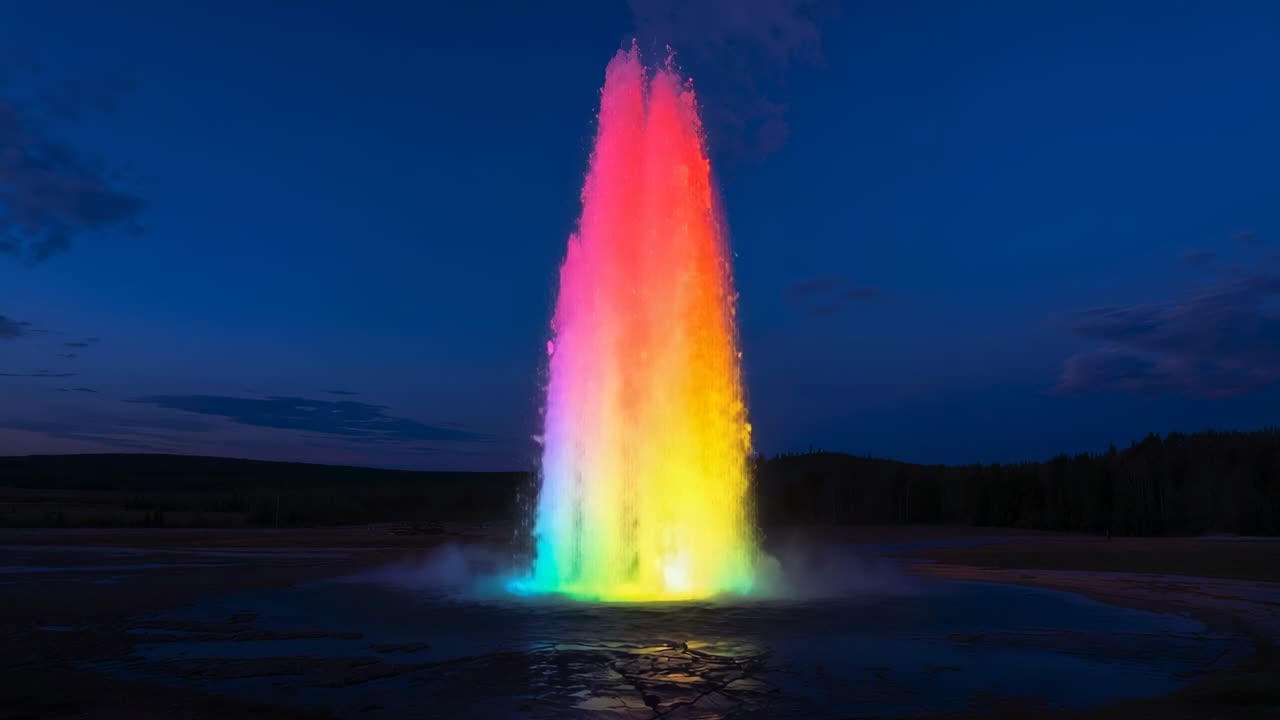 Pressurizing fluid erupting geyser spout at spring, illuminating submerged lights before subsiding