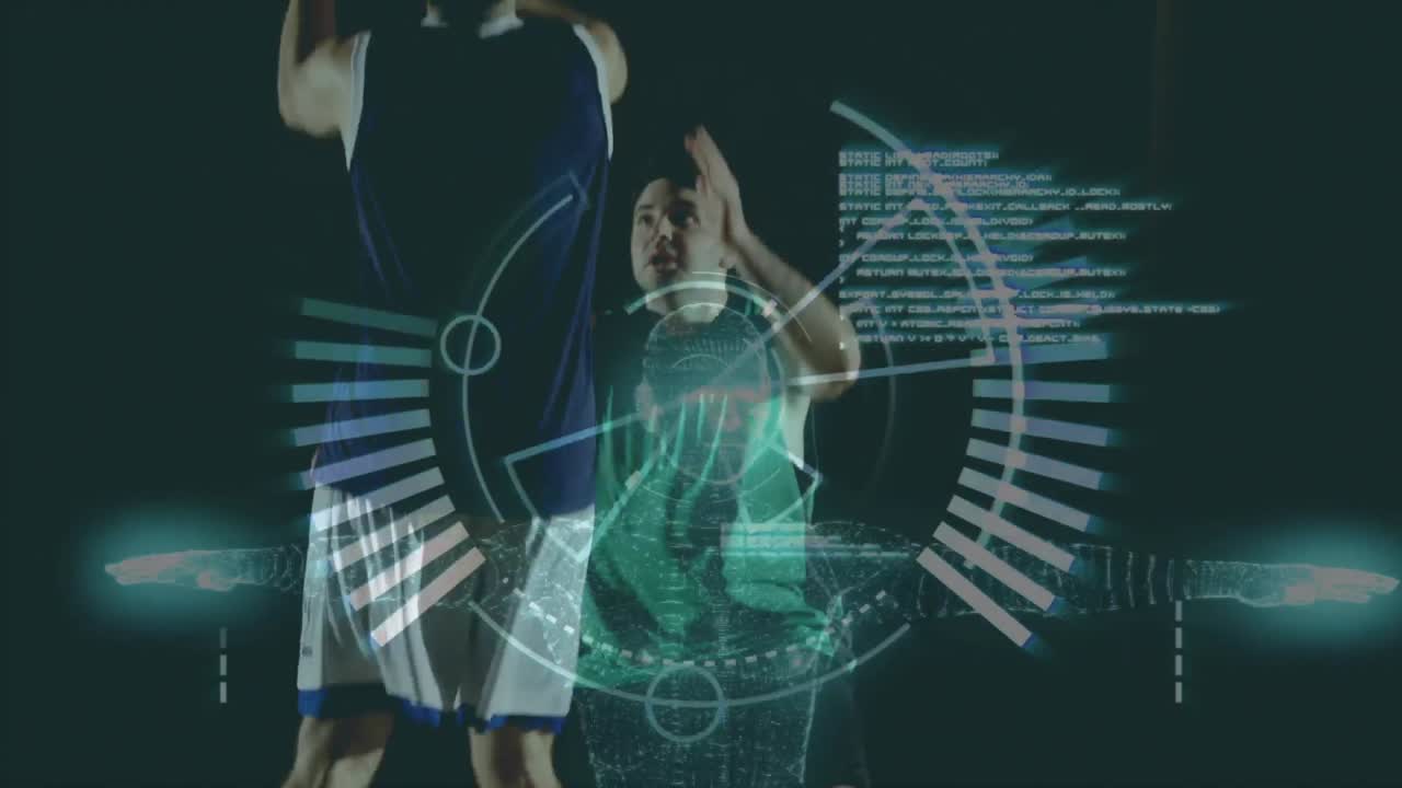 animación de grabación de procesamiento de datos con dos jugadores de baloncesto masculinos