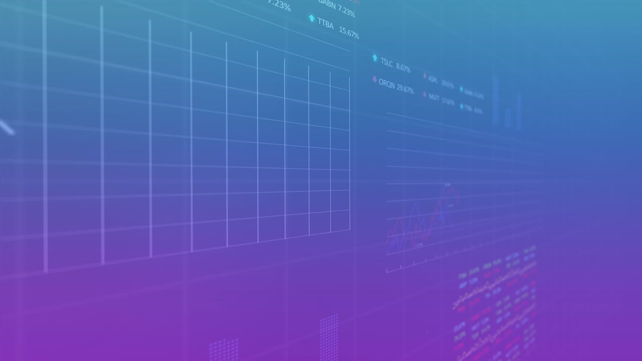 Animation of statistical and stock market data processing against purple gradient background