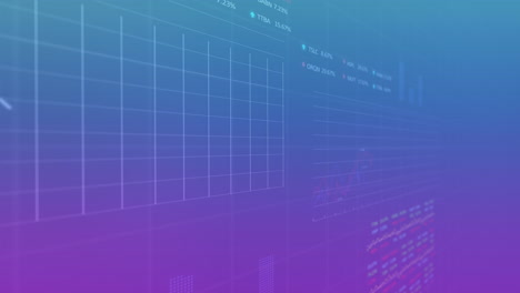 animación del procesamiento de datos estadísticos y bursátiles contra un fondo de gradiente púrpura