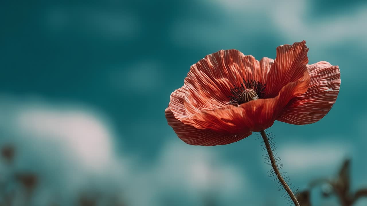 Captivating Poppy Blossom: A Stunning Close-Up of a Vibrant Red Flower Against a Blurred Sky Background, Showcasing Nature's Beauty and Intricacy