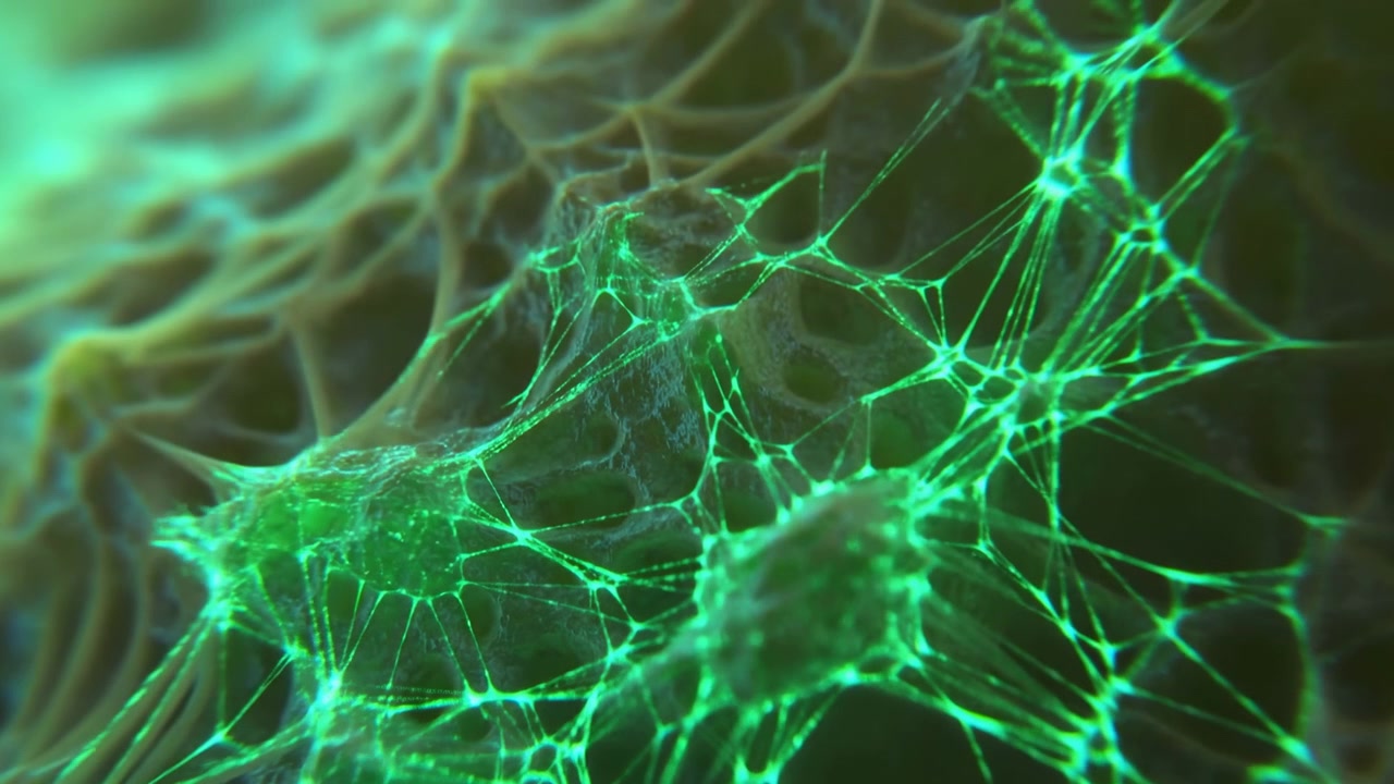 Una rete verde brillante di linee e nodi ramificati riempie il centro-destra dell'inquadratura, con filamenti traslucidi più tenui che sfumano nello sfondo a sinistra. Il