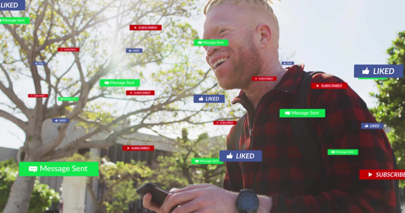 City man glancing phone beside scooter, activating animated social media icons for feedback
