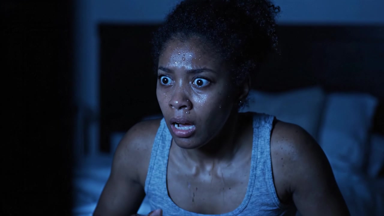 Intense Emotional Reaction: A Person Experiencing Fear and Anxiety While Watching Something Disturbing on a Television Screen in a Dark Room