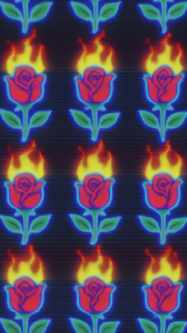 Rose al neon vivaci con un effetto glitch video retrò, riprese dall'alto