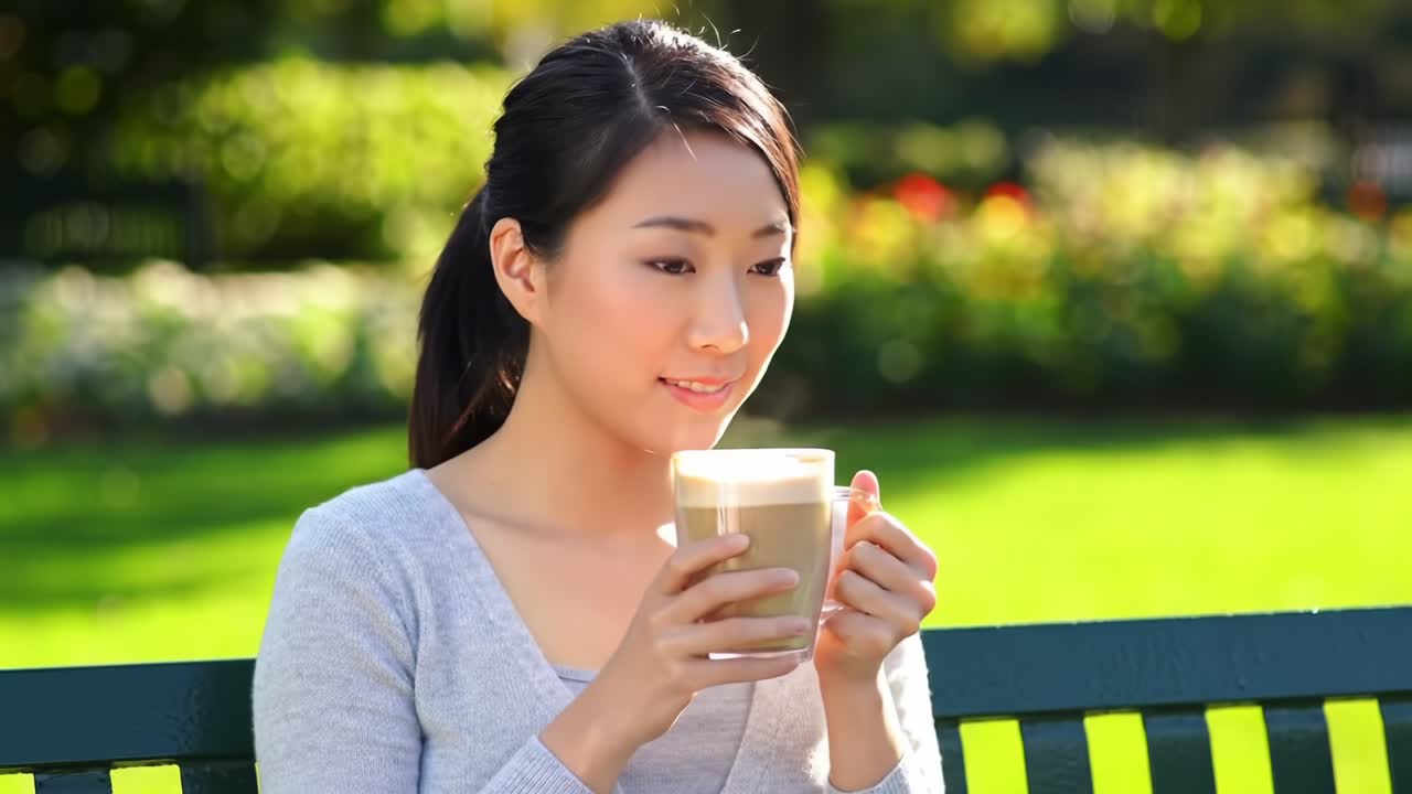 A Serene Moment: A Young Woman Enjoys a Warm Cup of Coffee in a Lush Park, Embracing Tranquility and Nature in Her Relaxed Setting