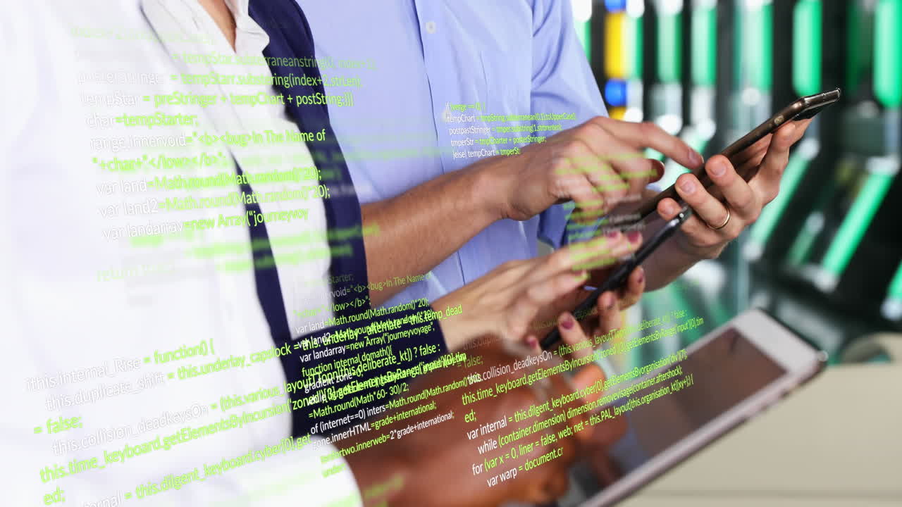 Animation of data processing over diverse business people using smartphones