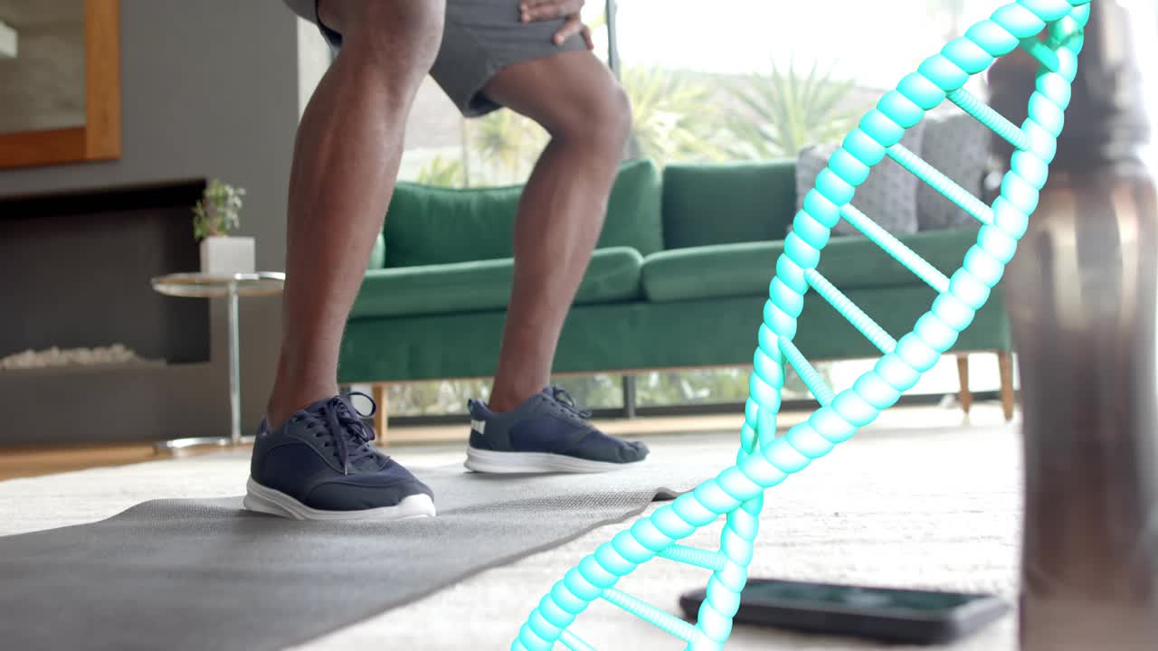 Man reaching, picking kettlebell, cycling swings, ending squat on mat for fitness, DNA helix, phone