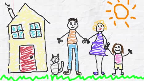animación de una pareja dibujada a mano con una hija y un gato al lado de la casa y el sol en papel alineado