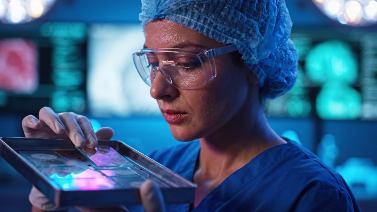Medical Researcher Analyzing Samples Under Laboratory Conditions with Advanced Technology and Focused Expression in a High-Tech Environment