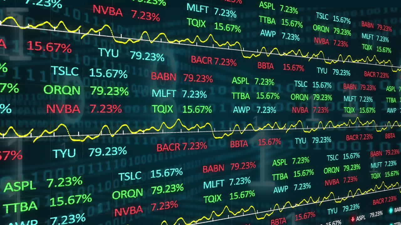 Animazione di elaborazione dati finanziari e codifica binaria sullo sfondo