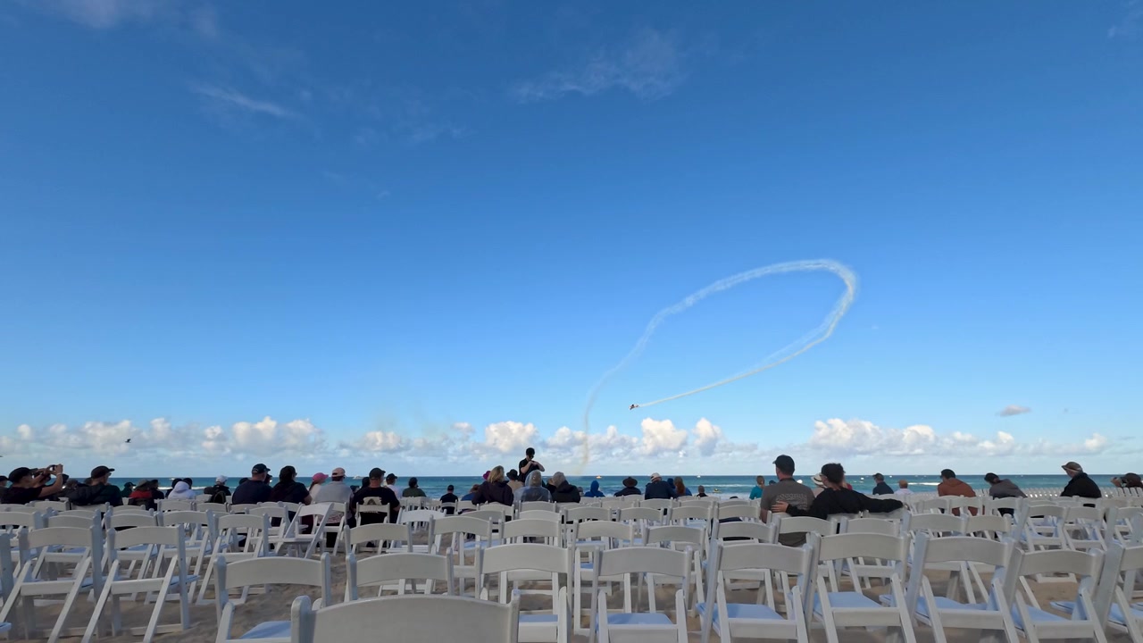 Wide shot of a jet performing loops with smoke trails above spectators at Surfers Paradise.
