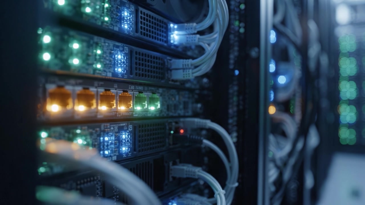 Advanced Data Center Infrastructure Showcasing High-Performance Servers with Bright LED Indicators and Organized Cable Management