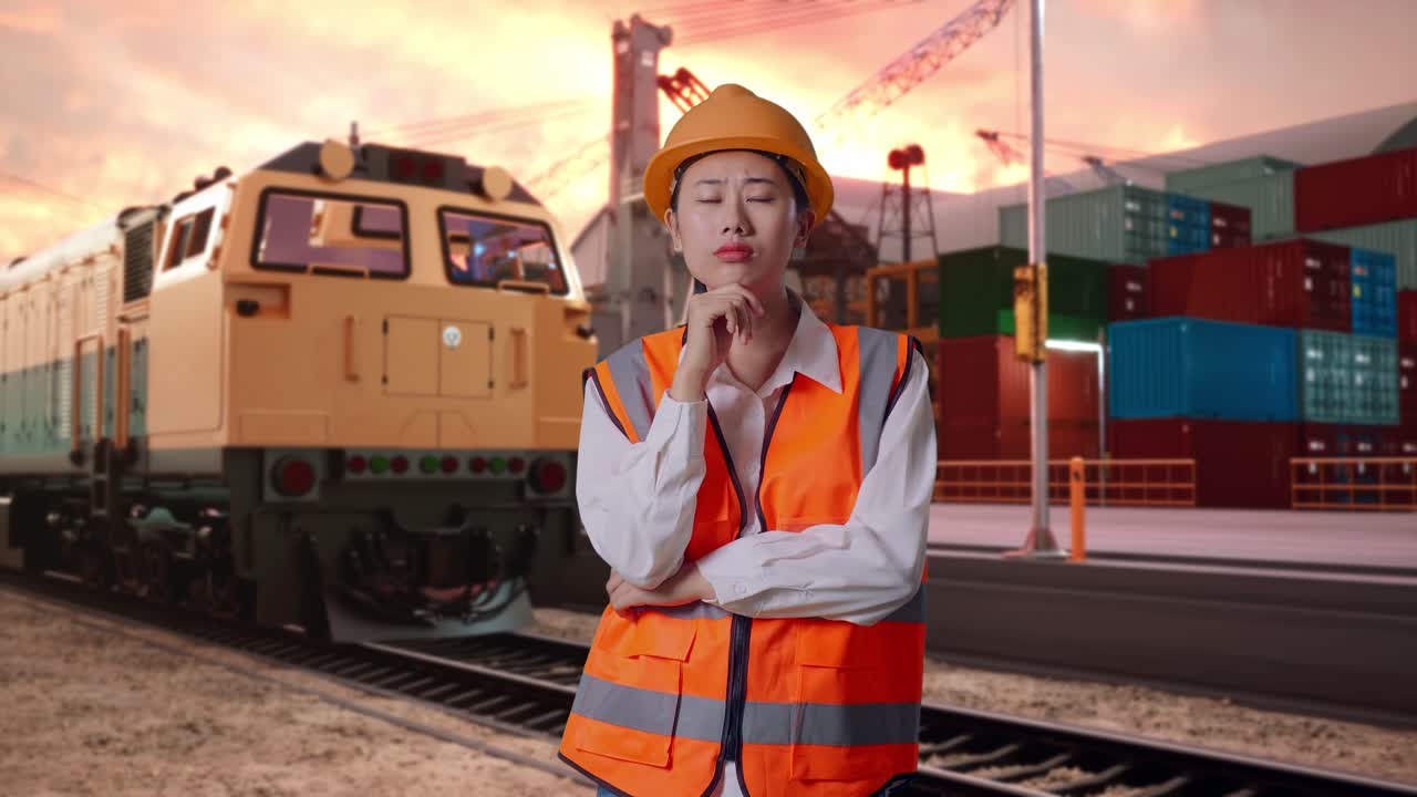Asian Female Engineer With Safety Helmet Thinking And Looking Around Then Raising Her Index Finger With Freight Cargo Train At Port