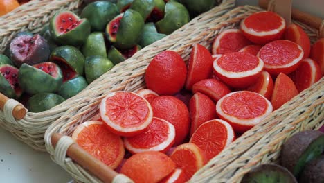 artificial fruit display in wicker baskets