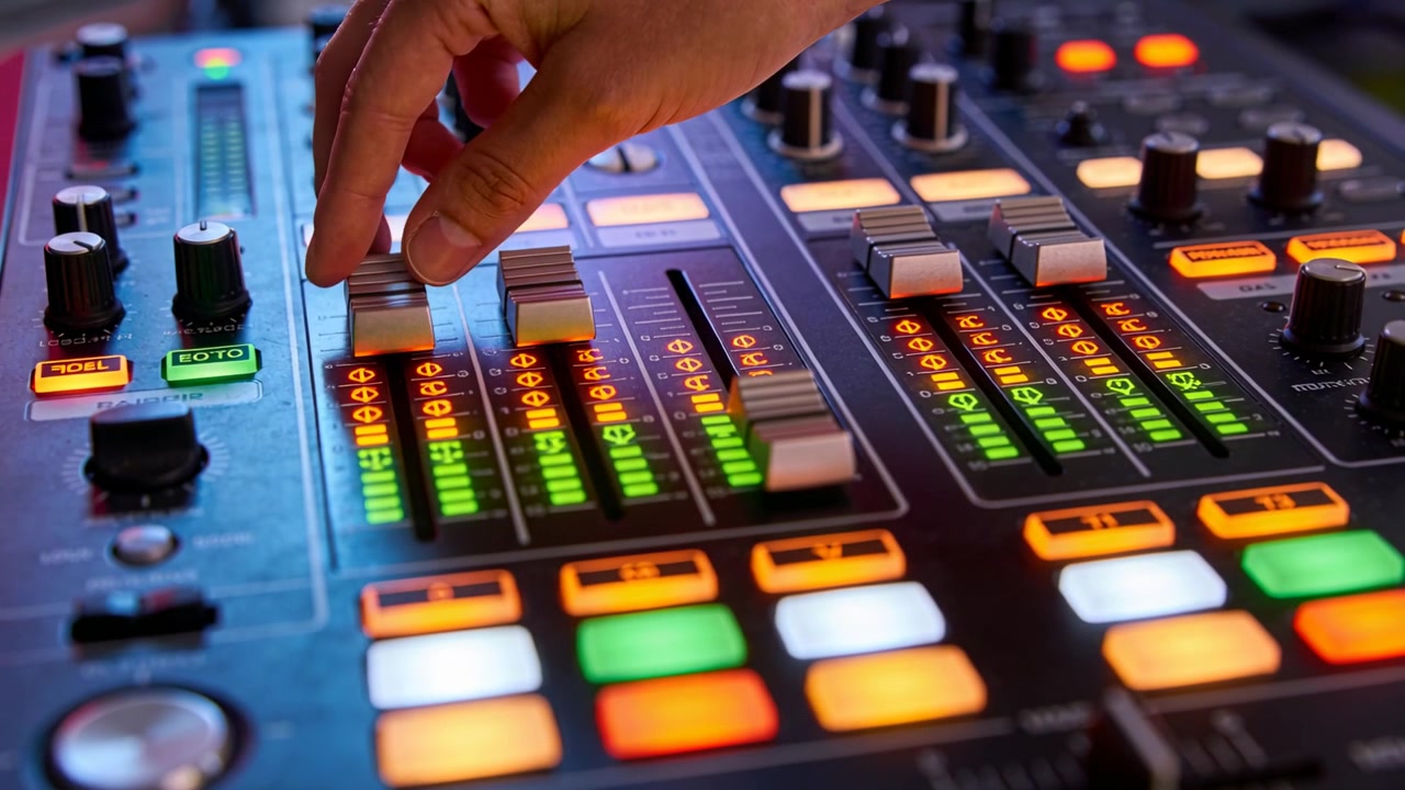 Adjusting operator fingers reaching and sliding faders at DJ booth, mixing channels with LED meters