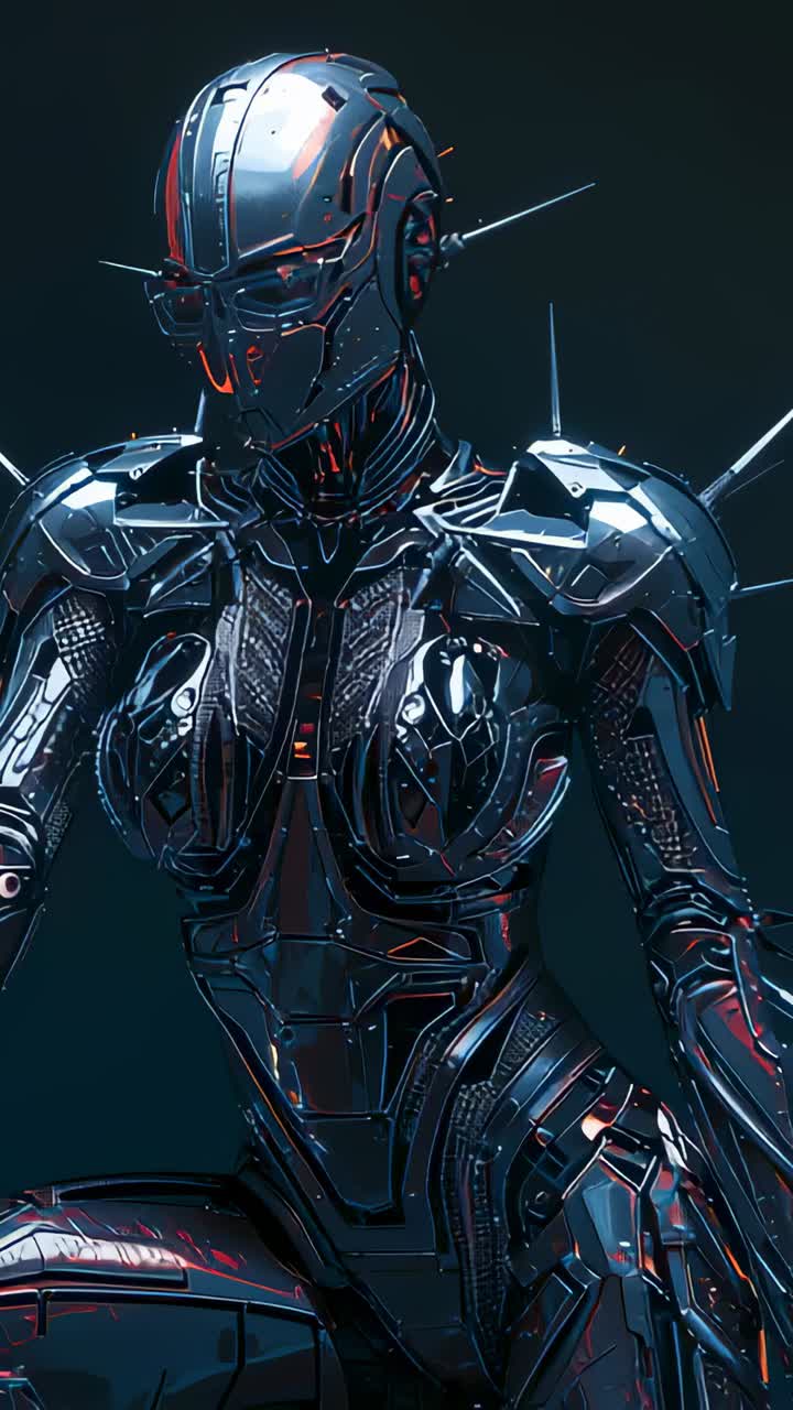 Vertical video: Panning camera across humanoid robot chest in studio showing armor, harnesses, LEDs