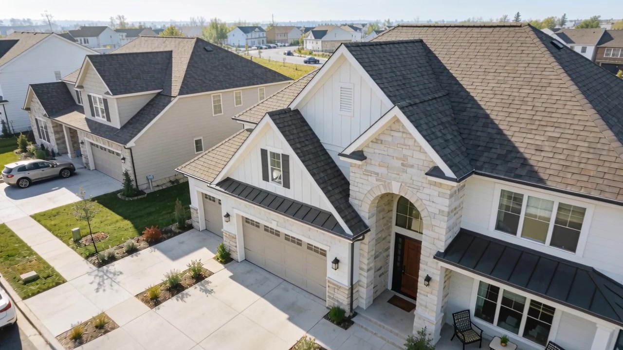 Moving drone capturing wide shot over suburb, tilting down to reveal house garage