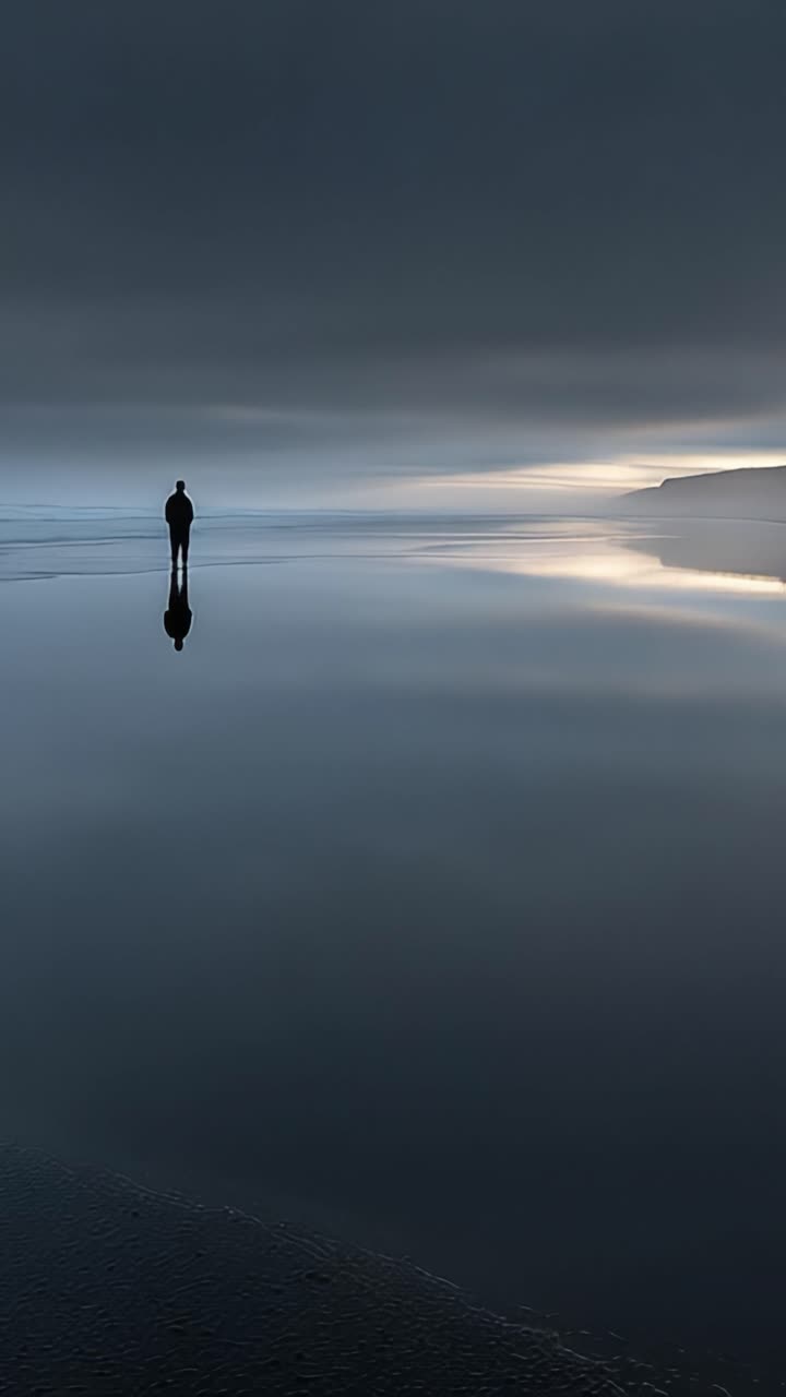 A solitary figure stands on a tranquil beach, surrounded by reflective waters and a moody sky, capturing a moment of introspection and serenity in nature's embrace