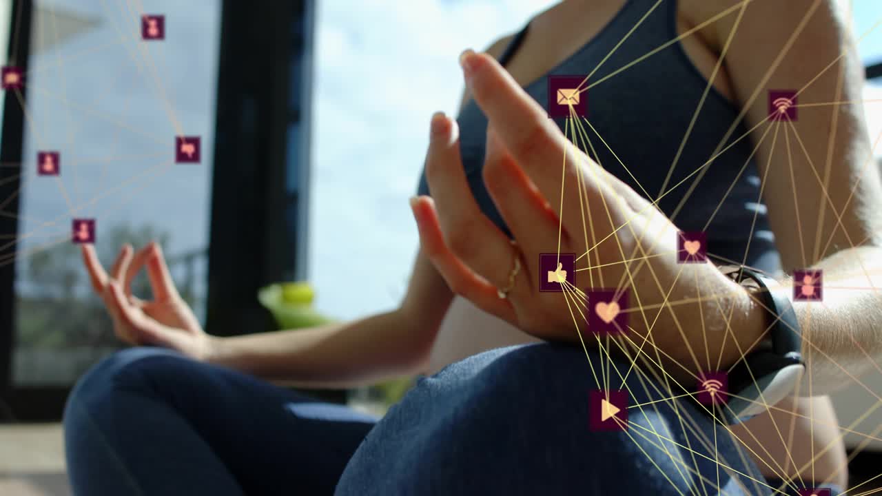 Pregnant woman raising arms, starting watch overlays, practicing prenatal yoga, moving into mudra