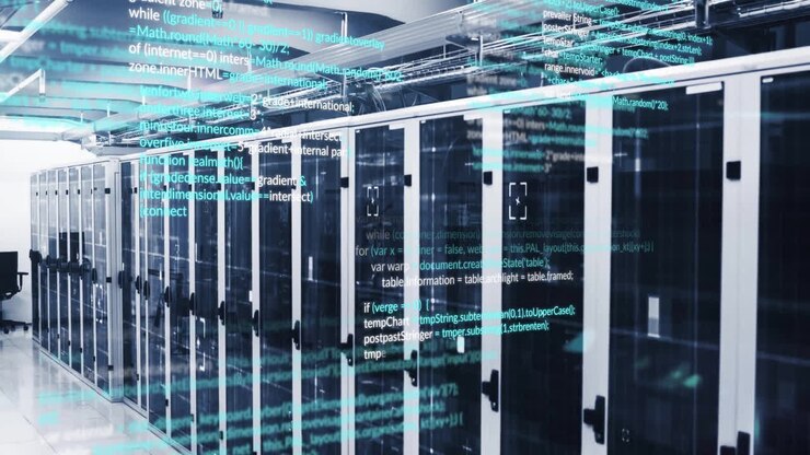 Computer code animation over server racks in data center