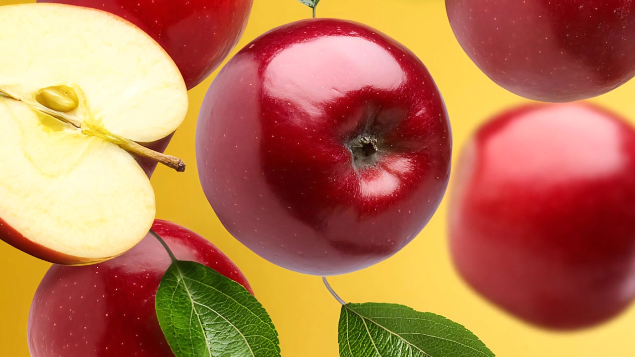Flying Red Apples with Leaves on Yellow Background