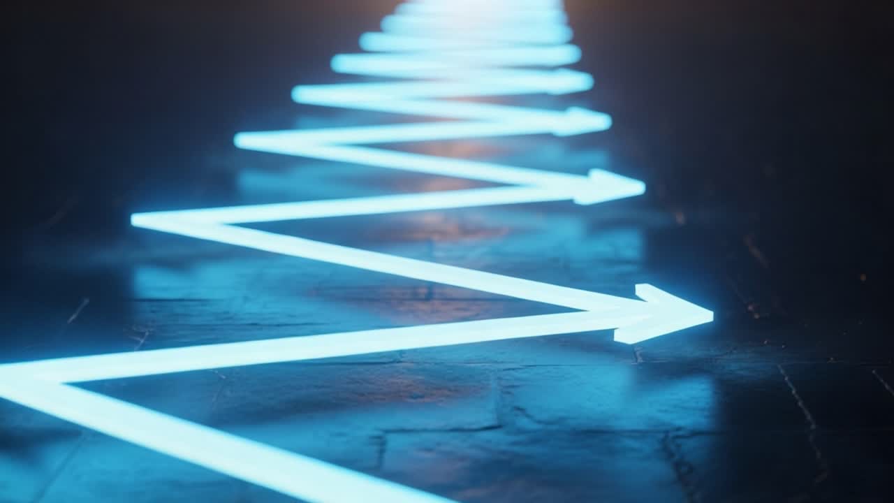 A Vibrant Sequence of Illuminated Arrows Creating a Zigzag Path on a Dark Surface, Showcasing the Interaction of Light and Geometry in a Visual Journey