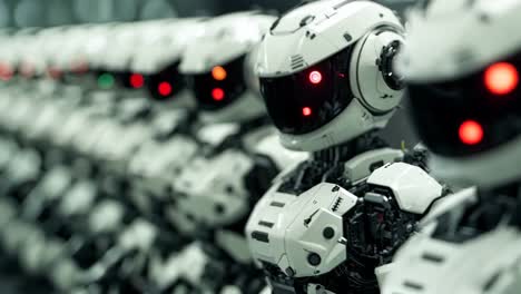 a row of white robots with red eyes in a row