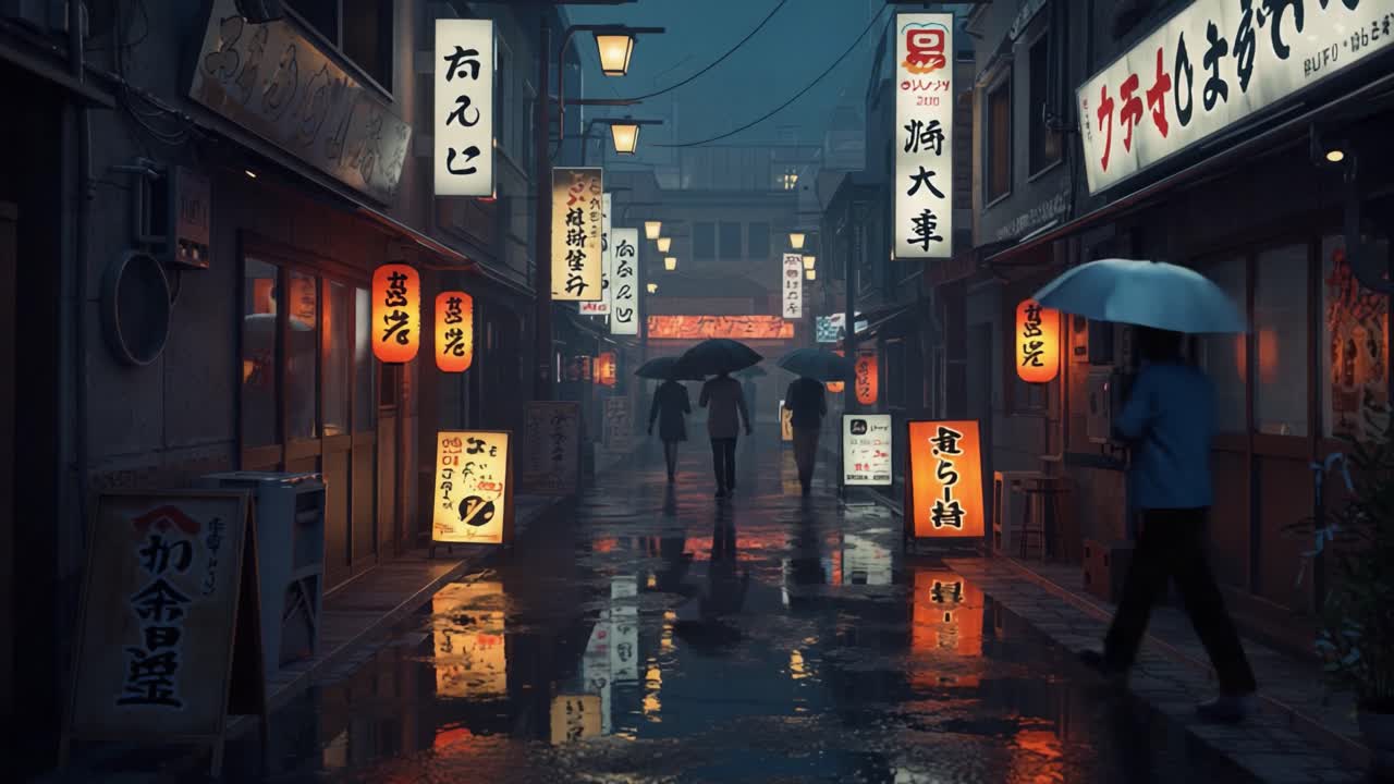 Una notte piovosa in una strada suggestiva piena di insegne illuminate, con riflessi nelle pozzanghere che catturano l'essenza della vita urbana e delle passeggiate serali.