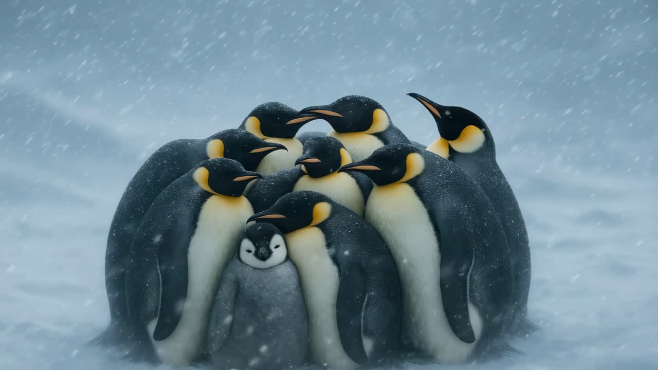 A close-up video captures a group of penguins huddled in the snow, showcasing a heartwarming scene