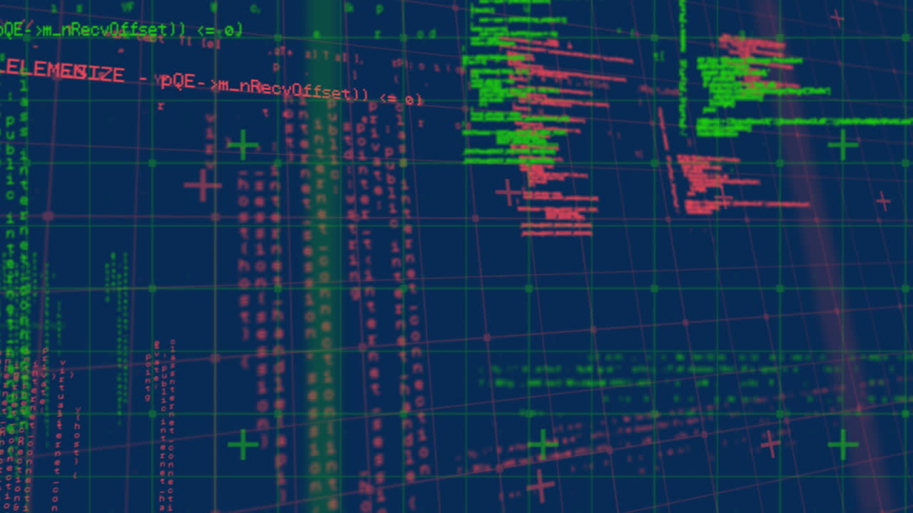 Animation of data processing over grid on blue background