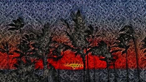 spiraliform animation of palm trees agitated by wind at sunset