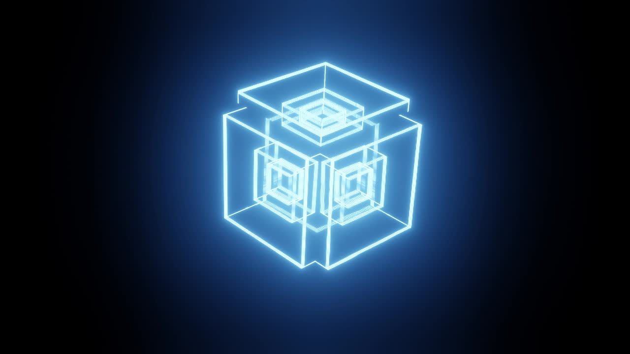 회전하는 반이는 네온 큐브, 형광 자외선 빛, 추상적인 원활한 루프, 3d 렌더링, 기하학적 배경