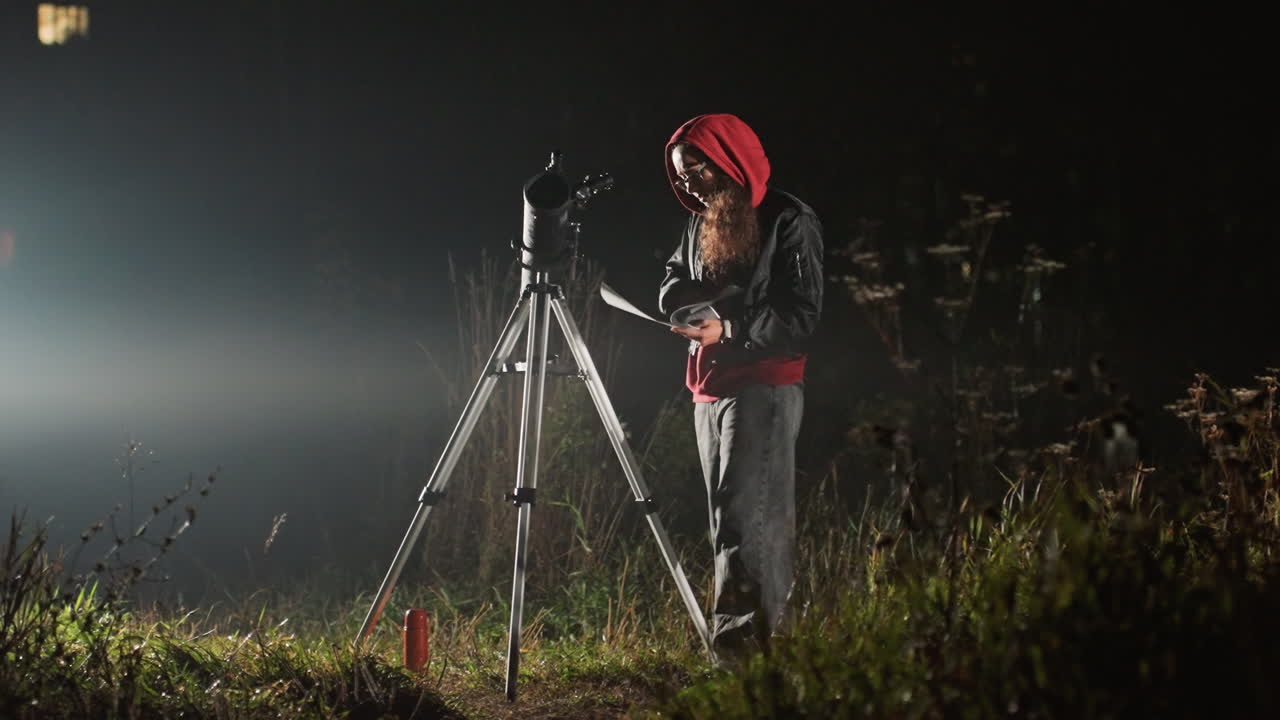 Mand med hvidt skæg, der indstiller teleskop, bredt billede i tåget eng, stativ og baggrundslys silhuet, rød hætte synlig, omgivende glød, forbereder langtidseksponering astrofotografering, tålmodig natforsker