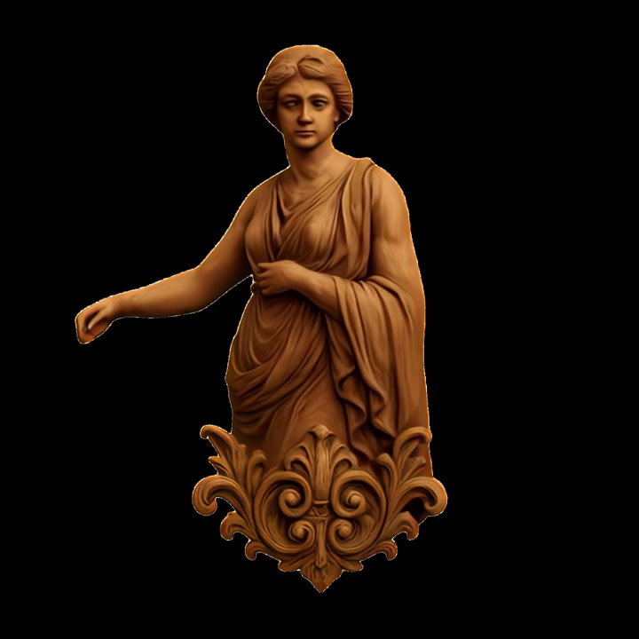 Statua classica in legno di una donna, renderizzata in 3D e rotante