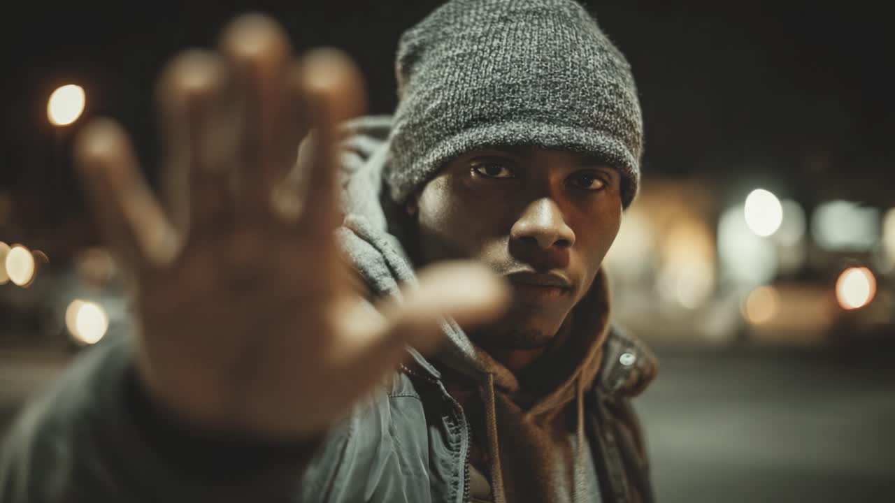 A person stands with an outstretched hand, conveying a sense of stop or caution in a dimly lit urban environment, emphasizing the night scene and personal expression