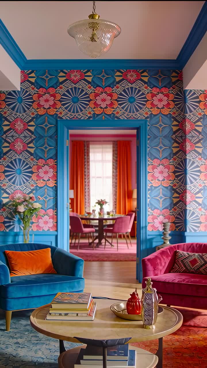 Video vertical: Cámara retrocediendo y elevándose para revelar un colorido salón en casa, con un sofá azul