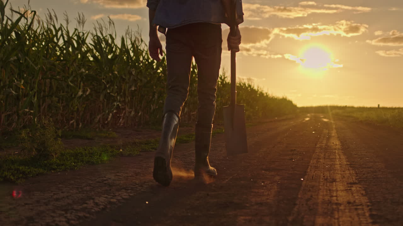 Farmer Walking Sunset Cornfield